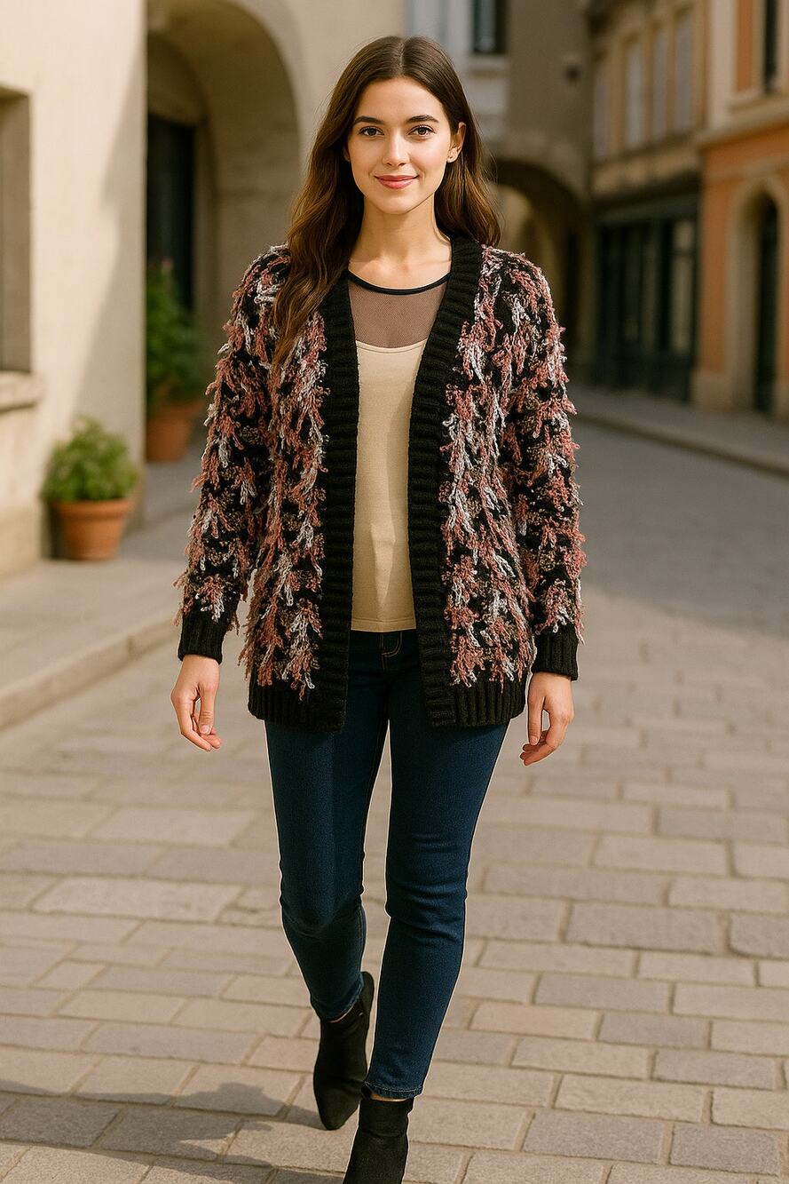 Long Sleeve Cardigan Open Front Popcorn Knit Black